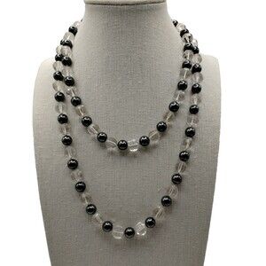 Necklace Black Spinel Clear Rock Crystal Faceted Hand Knotted. Art Deco 18"